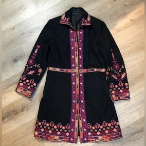 Black Wool Blend Car Coat Flower Embroidery 6